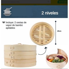 Vaporera Tradicional China de Bambú, 2 Niveles, Tejida a Mano, para Dumplings, Verduras, Pollo, Pescado (Caqui, 20CM)