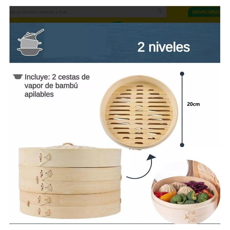 Vaporera Tradicional China de Bambú, 2 Niveles, Tejida a Mano,