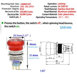 22mm Emergency Stop Push Button Switch Mushroom Metal 29.7mm Head with Wired Socket 304-Stainless Steel Shell 5V-250V