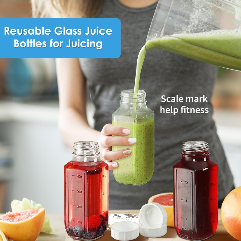 8 Pack 16 Oz Reusable Glass Milk Bottles w 100%