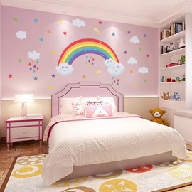 AnFigure Rainbow Wall Decals for Girls Bedroom Stars White Cloud Colorful Raindrop Wall Stickers Kids Room Baby Room Wall Decal Cute Beautiful Nursery Playroom Childrens Wall Decor