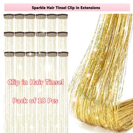 Obinying Hair Tinsel Pack of 18 Pcs Hair Tinsel Clip in 20.5 Inch Glitter Tinsel Hair Extensions Clip in Hair Tinsel Kit Party Festival Fairy Hair Accessories for Girls Women Kids (Gold)
