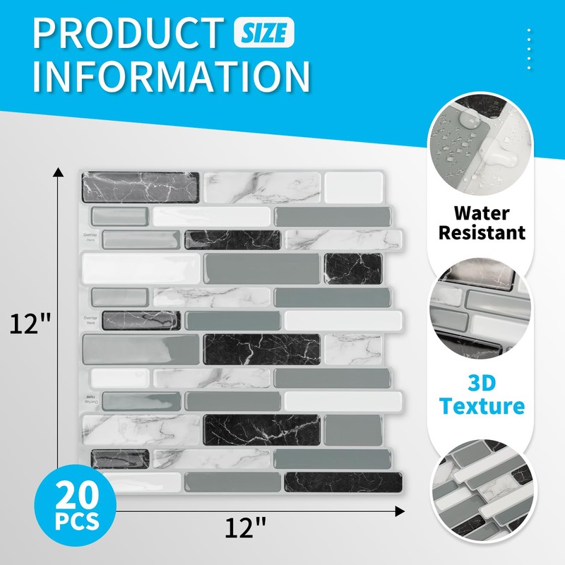 Art3d 20-Sheet Peel and Stick Kitchen Backsplash Tiles, Self-Adhesive Wall