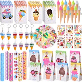 Tacobear Pack of 122 Ice Cream Party Bags Children's Birthday Girl with Mini Notebook Pens Key Ring Snap Bracelet Sticker Children's Gift Bags Sticker Ice Cream Party Give Aways Guest Gifts