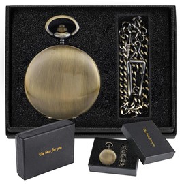 Tiong Smooth Steel Quartz with Calendar Moon Phase Dial Vintage Pocket Watch with Chain Quartz Men's Pocket Watch(Bronze)