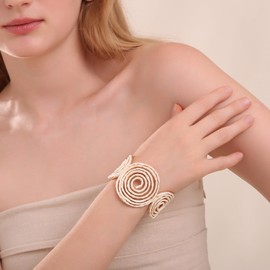 RUOFFETA Raffia Spiral Cuff Bracelet for Women, Colorful Swirl Bangle Chunky Bangle Handmade Rattan Statement Bracelet(Cream White)