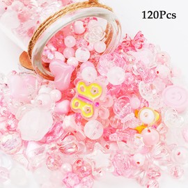 120 Pcs Aesthetic Acrylic Assorted Pink Beads Pastel Beads Flower Heart Star Butterfly Candy Round Beads Acrylic Plastic Beads Cute Beads Bulk for Bracelets Jewelry Making DIY Crafts Necklaces