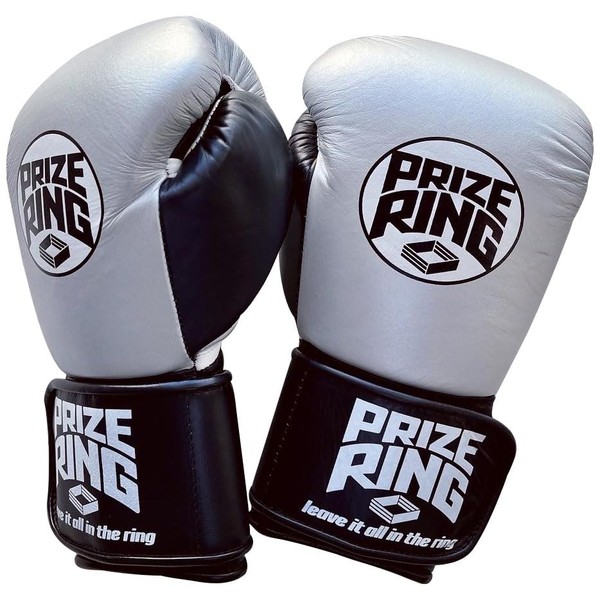 PRIZE RING "Professional 5.0" Boxing Gloves Genuine Leather Silver/Black (10oz)