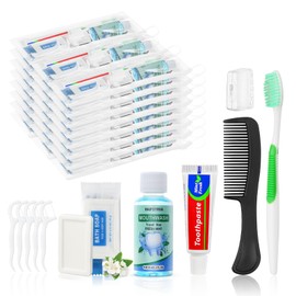 50 Set Personal Care Travel Toiletries Sets Bulk,8-IN-1 Disposable Toothbrushes with Toothpaste and Floss,Mouthwash,Comb,Soap,Cover,Zip Bag Toiletry Travel Toothbrush Kit for Homeless,Hotel,Charity