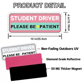 Student Driver Car Magnet, Teen Driver Magnet for Car, 10"x4" Please Be Patient Student Driver Magnet Pink Reflective & Waterproof Weather-Resistant