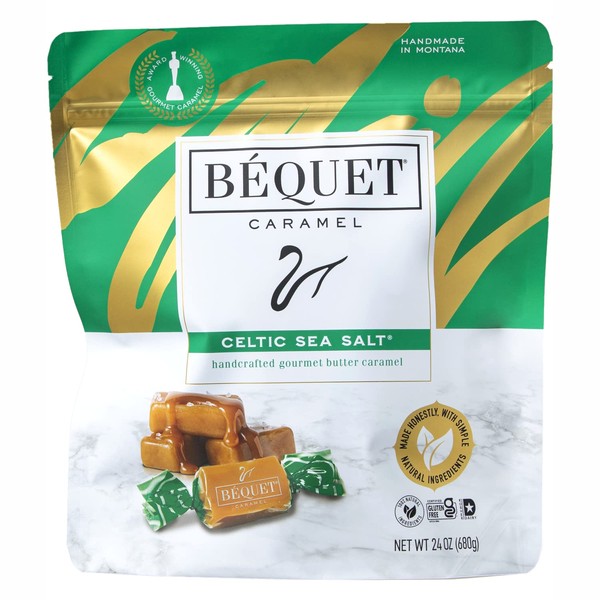 Béquet Caramel - Celtic Sea Salt Caramel - Gourmet Caramel Candy - Salted Caramel Candy Individually Wrapped - Made in Montana - Kosher (Star D) and Gluten Free - 24oz Resealable Pouch