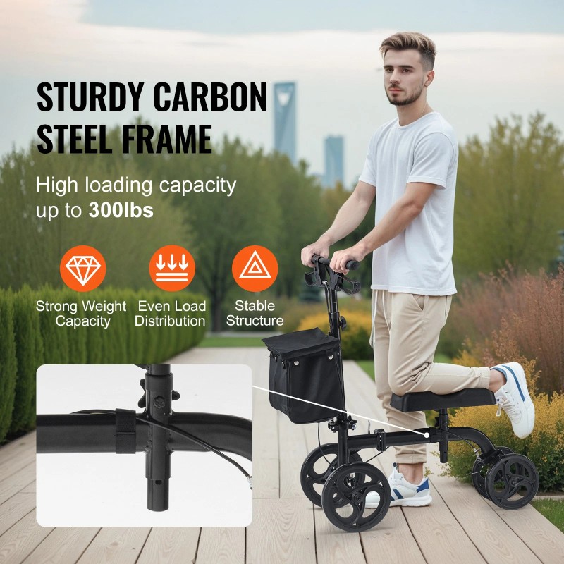 Knee Scooter Carbon Steel Folding Knee Walker Recovery Scooter 300LB