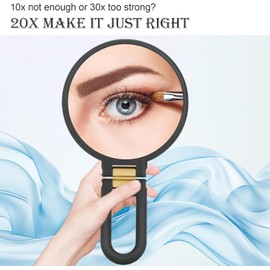 1x 20x Magnifying Travel Mirror, Hand Mirror with Handle - Double Side Hand Held Mirror with 1x 20x Magnification & Foldable Handle, Portable Travel Makeup Hand Mirror for Women (Black)