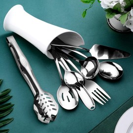 Utensilios para servir de 8 piezas: utensilio para servir de acero inoxidable con cuchara, tenedores, pinzas, servidor de tartas, cuchillo de mantequilla para fiestas, buffet (Plata)
