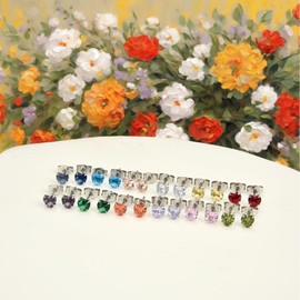 12 Pairs 18K Gold Plated Surgical Stainless Steel Stud Earring, Round Heart Star Square Teardrop Cubic Zirconia Birthstone Stud Earrings Set for Women (Silver heart 3mm)