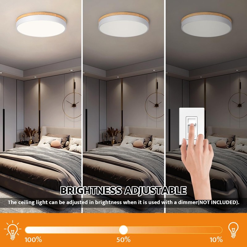 Yiisem Dimmable Wood LED Flush Mount Ceiling Light, 5CCT 2700K-6000K