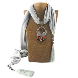 GOGNGTR Women's Scarf Necklace Alloy Pendant Cotton and Linen Accessory Bohemia Tassel Scarves(sc007) (Grey)