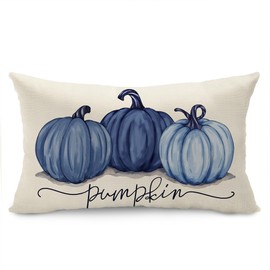 DFXSZ Fall Pillow Covers 12x20 Inch Fall Autumn Thanksgiving Ink Painting Deep Light Blue Pumpkins Lumbar Pillowcase Cotton Linen DecorativeDecoration for Home Couch 14L