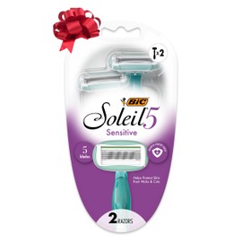 BIC Soleil 5 Sensitive Women's Disposable with 5 Blade Razors, 360-Degree Moisture Strips, Anti-Slip Grip, 2-Pack