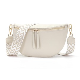 Vezluax 30x20cm Groß Bauchtasche Damen Vegan Leder umhängetasche Damen Crossbody Bag Damen stylisch gürteltasche Damen mit 5cm breitem Gurt BeigeWeiß