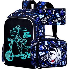 FTJCF 17 Inches Glow in The Dark Dog Backpack for Boys, 3Pcs School Bookbag Set for Teens, Laptop Backpacks with Lunch Bag(Blue)