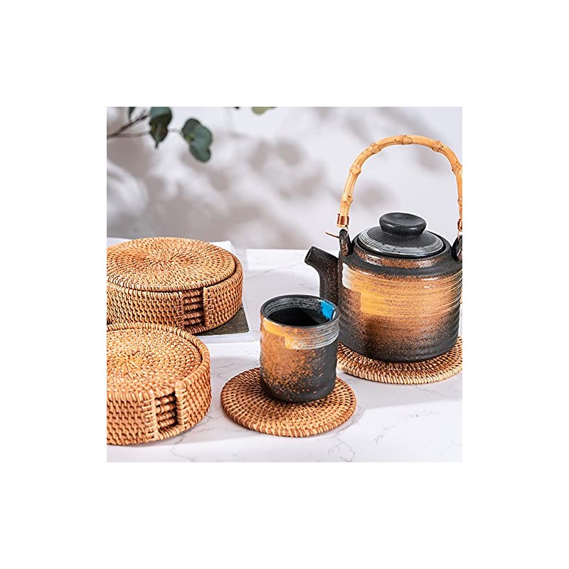 ROSSRORE Handwoven Natural Coasters Set - Boho Seashell & Rattan