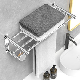 CAXIMSY Adjustable Towel Bar for Bathroom Wall Mount17-30.7inch Adhesive Shower Towel Rack Stainless Steel Bath Towel Holders for Toilet Kitchen Double Towel Hanger (Mobile Hook Towel Rack)