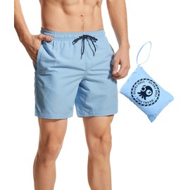TIDE TREND Mens 7" Swimming Shorts Beach Shorts with Magic Storage Bag Athletic Shorts Swim Shorts Sky Blue