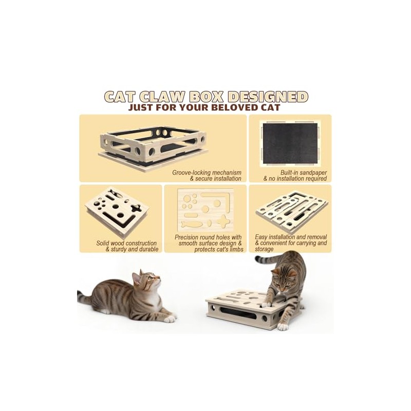 Cat Scratch Puzzle Enrichment Box, Large Solid Wood Construction Cat