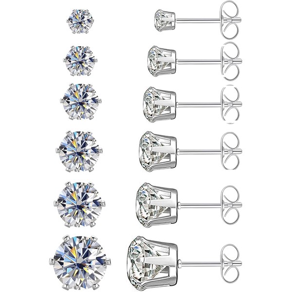 6 Pairs Cubic Zirconia Stud Earrings Set Surgical Steel Hypoallergenic