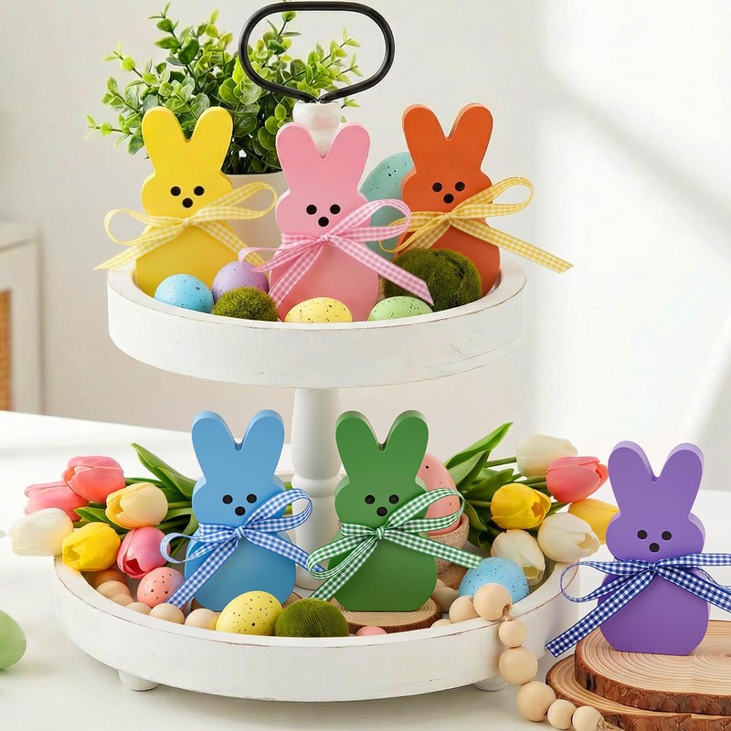 OLANRUN Easter Decorations for Home, 6 Pcs Wooden Bunny Table