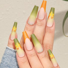 Coffin Press on Nails Long Fake Nails with Rhinestones Maple Leaves Designs Green Nails Press ons Matte Glue on Nails French Tip False Nails Gradient Acrylic Nails Fall Stick on Nails for Women 24Pcs