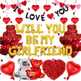 Will You Be My Girlfriend - 552 Pcs Valentine Day Decorations Glod Balloons I Love You Heart Garland Banner Love Bear Hanging Swirl Rose Petals For Engagement Anniversary Wedding Proposal Confession