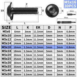 TXXATX Pack of 30 Rounded Head Screws with Flange M5 x 16 mm Screws M5 Flat Head Screws ISO7380-2 Stainless Steel A2 V2A Black Rounded Head Hexagon Socket with H3 Screwdriver Bits for Table Legs
