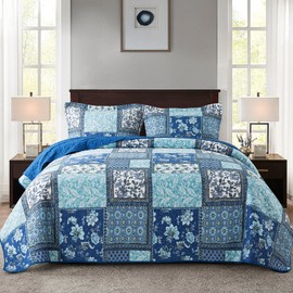 NEWLAKE Cotton Bedspread Quilt Sets-Reversible Patchwork Coverlet Set, Chic Floral Paisley Pattern, Queen Size