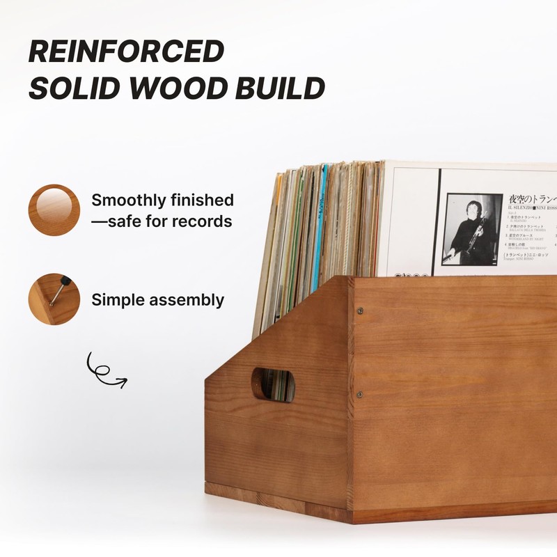 Vinyl Record Storage Crate, Solid Wood Rustic Record Box Holds