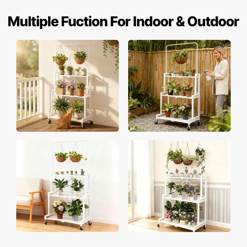 HomiShare 4-Tier Foldable Plant Stand with Wheels, No Tools Assembly,