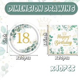 Egami 40pcs 18th Eucalyptus Leaf Table Sage Green Party Supplies,include 20 Dessert plate and 20 Napkin,Green Leaf Party Plate Napkin Set,Used for Sage Party Decoration