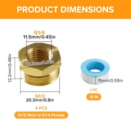 Lyeteung 2 PCS G1/2 Male to G1/4 Female Brass Reducer Connector, Brass Hex Bushing Reducer Connector with Raw Material Tape, for Pipe Connecting Conversion