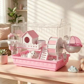 Pretoee 7-in-1 Acrylic Hamster Cage with All Accessories - Double Layer Hamster House with Transparent Viewing, Chew-Proof Small Pet Mice Enclosure Cage for Dwarf Syrian Gerbils, 14 * 11 * 10in
