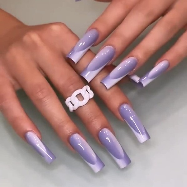 Ezebesta 24PCS Medium Coffin Purple Ombre French Press on Nails with Adhesive Tabs Ballerina False Nails Files