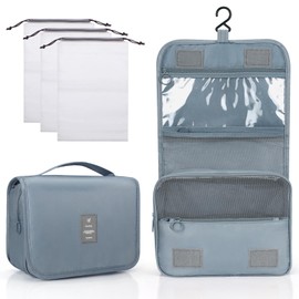 Zivacate Hanging Toiletry Bag, Waterproof Cosmetic Bag, Toiletry Bag with Handle, Foldable Portable Wash Bag with 3 Drawstring Organiser Bag for Travel, Business, Fitness, Camping - Grey