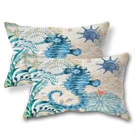 ULOVE LOVE YOURSELF 2Pack Beach Throw Pillow Covers Seahorse Waist Pillow Cases Sea Theme Decorative Rectangular Cushion Covers 12 X 20 inches (YZ-Sea Horse)