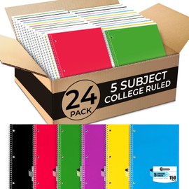 Rosmonde Bulk Spiral Notebook 24 Pack, 5 Subject, 300 Pages/Book (150 Sheets), College Ruled, 8 x 10-1/2, School & Office Spiral Notebooks, Back to School Notebook Journal, Soft Cover, Assorted Colors