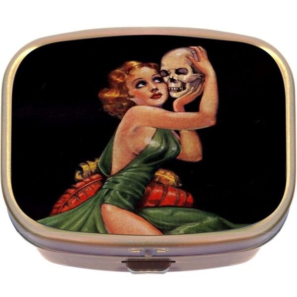 Vintage Pin Up Girl Weird Tales Brass Rectangle Pill Box