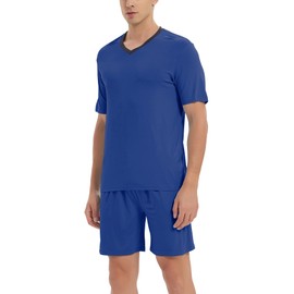 JINSHI Men Short Pajama Set Performance Lounge Sleep Pjs Set Short Sleeve Lounge Bottom Pant with Pocket Blue,XL