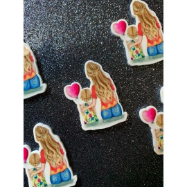 5pc. Blond Mother and Daughter, Girl in Denim, Planar Flatback, Cabochon, Bow
