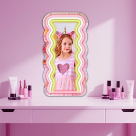Moneter Anime Wave Mirror with Light Neon Signs for Wall Decor, Neon Mirror with Dimmable for Teen Girls Gift，Makeup Mirror Neon Signs Cute Acrylic Mirror for Girls Room