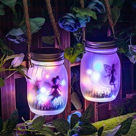 Pack of 2 Solar Lanterns in Preserving Jar, Hanging for Outdoors, LED Solar Lamp for Garden, Patio and Balcony, Decoration, Outdoor, Multicoloured