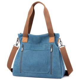 SHIFANQI Canvas Shopping Bag for Women, Vintage Hobo Shoulder Bag, Women's Handbag, Multiple Pockets, Crossbody Handbags with Top Handle, Handbags for Work, School, Travel (Blue), blue